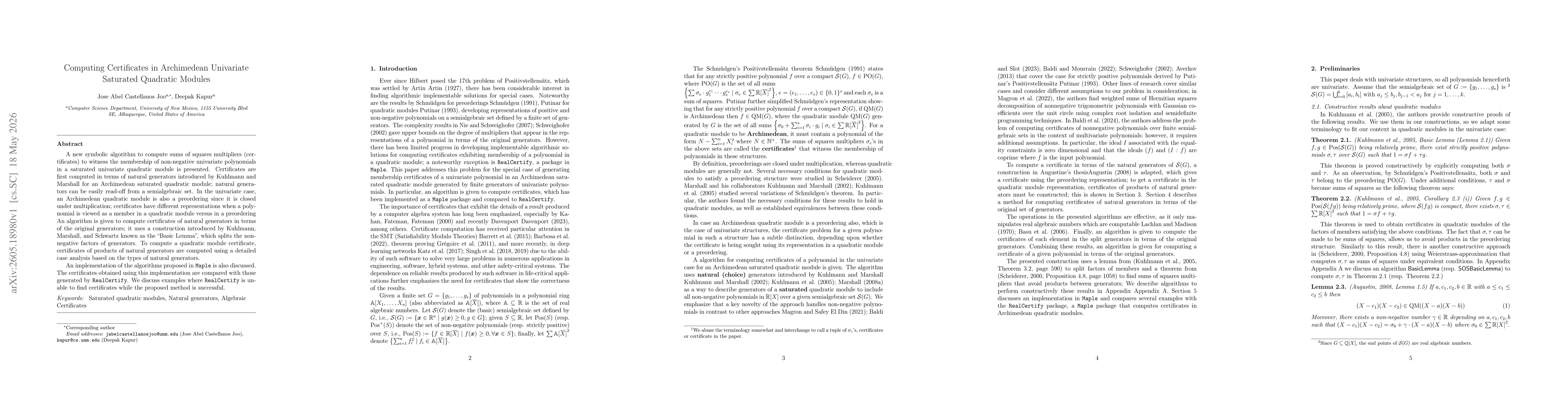 Thumbnail for Computing Certificates in Archimedean Univariate Saturated Quadratic Modules