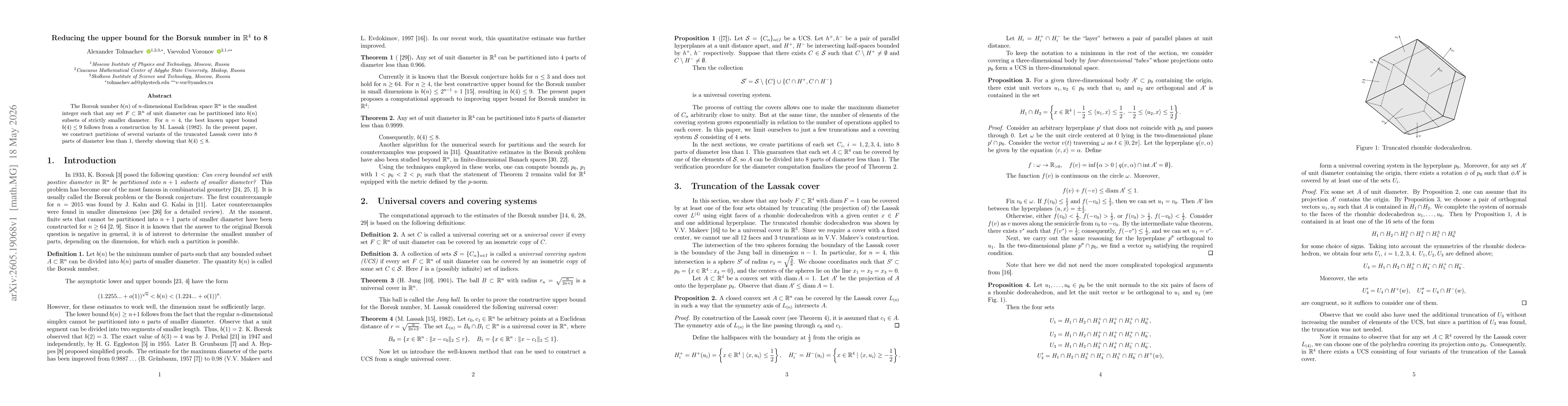 Thumbnail for Reducing the upper bound for the Borsuk number in $\mathbb{R}^4$ to 8