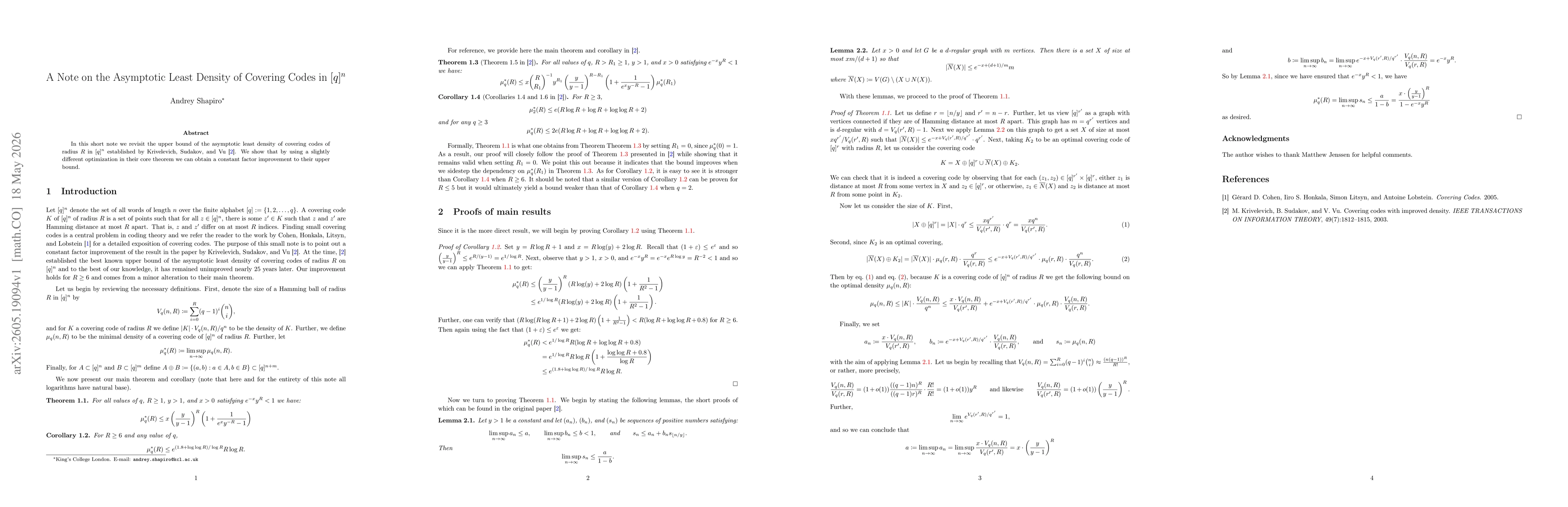 Thumbnail for A Note on the Asymptotic Least Density of Covering Codes in $[q]^n$