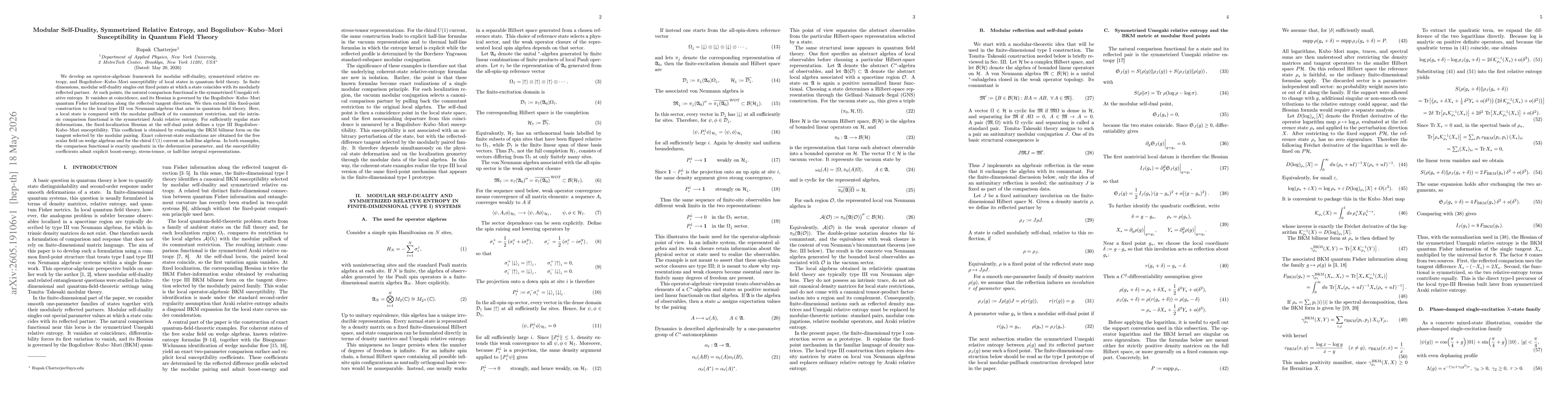 Thumbnail for Modular Self-Duality, Symmetrized Relative Entropy, and Bogoliubov--Kubo--Mori Susceptibility in Quantum Field Theory