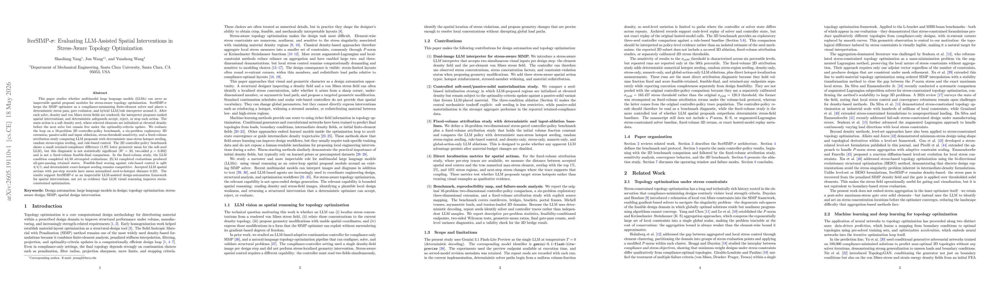 Thumbnail for IterSIMP-σ: Evaluating LLM-Assisted Spatial Interventions in Stress-Aware Topology Optimization