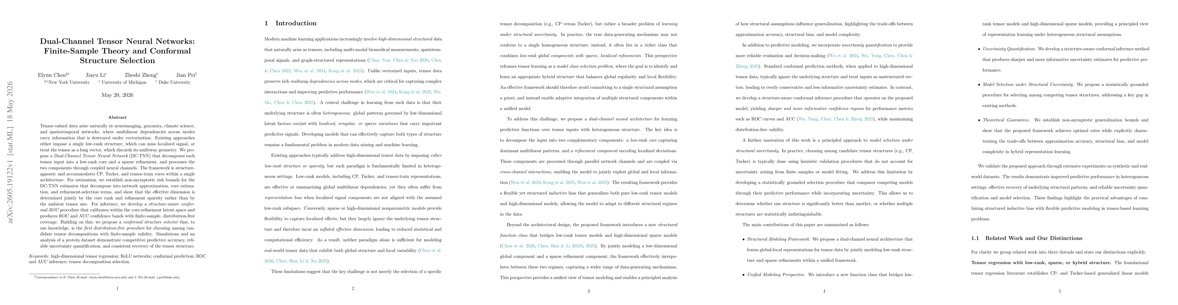 Thumbnail for Dual-Channel Tensor Neural Networks: Finite-Sample Theory and Conformal Structure Selection