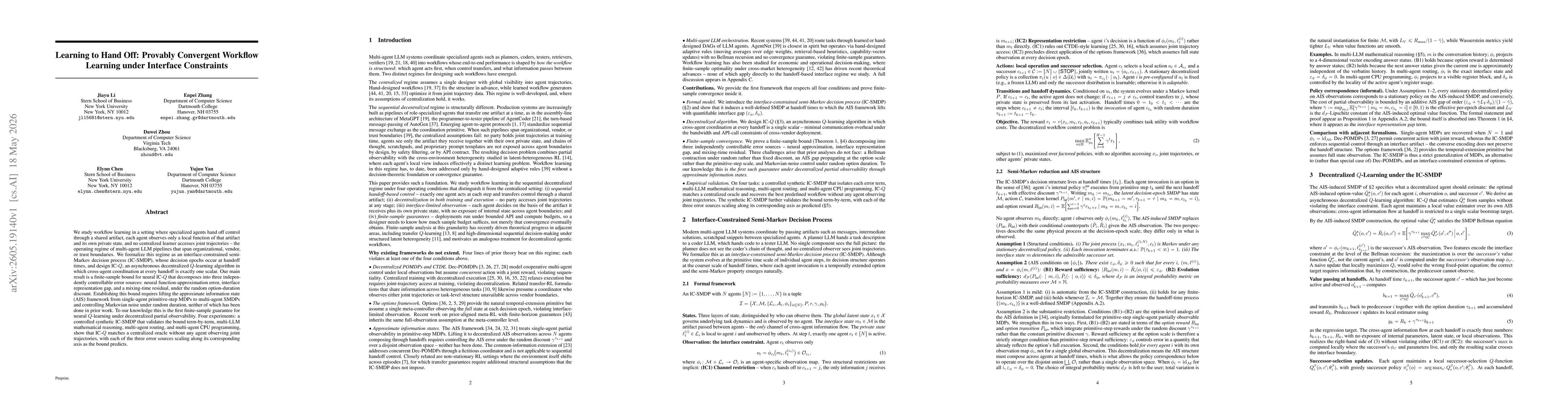 Thumbnail for Learning to Hand Off: Provably Convergent Workflow Learning under Interface Constraints