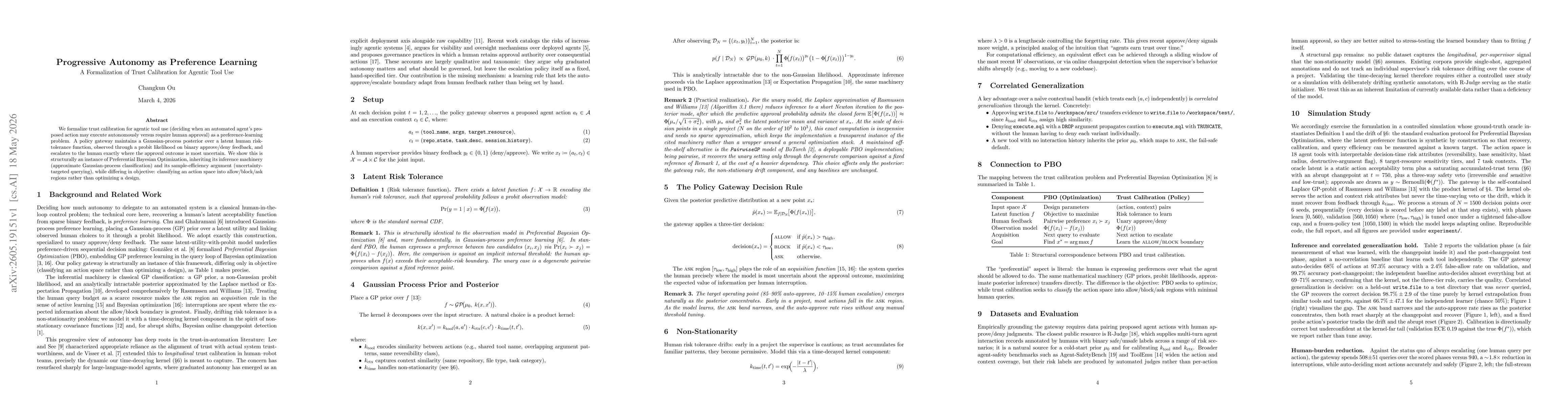 Thumbnail for Progressive Autonomy as Preference Learning: A Formalization of Trust Calibration for Agentic Tool Use