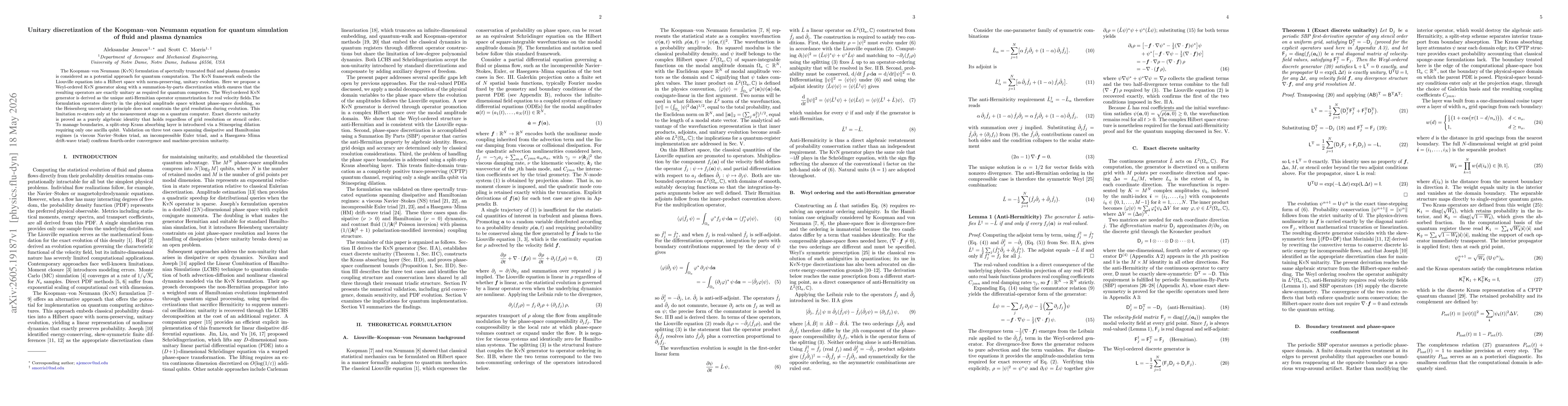 Thumbnail for Unitary discretization of the Koopman-von Neumann equation for quantum simulation of fluid and plasma dynamics