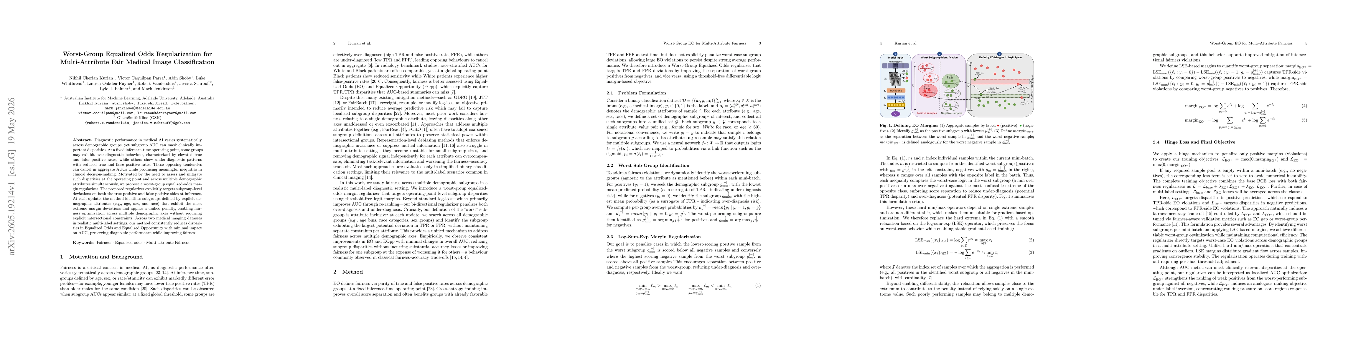 Thumbnail for Worst-Group Equalized Odds Regularization for Multi-Attribute Fair Medical Image Classification