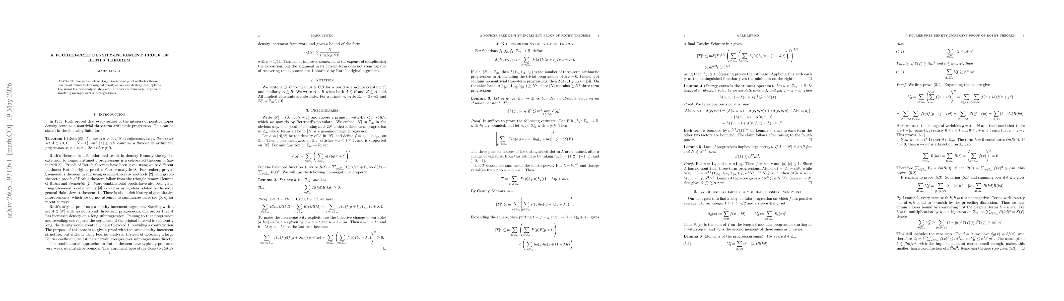 Thumbnail for A Fourier-Free Density-Increment Proof of Roth's Theorem