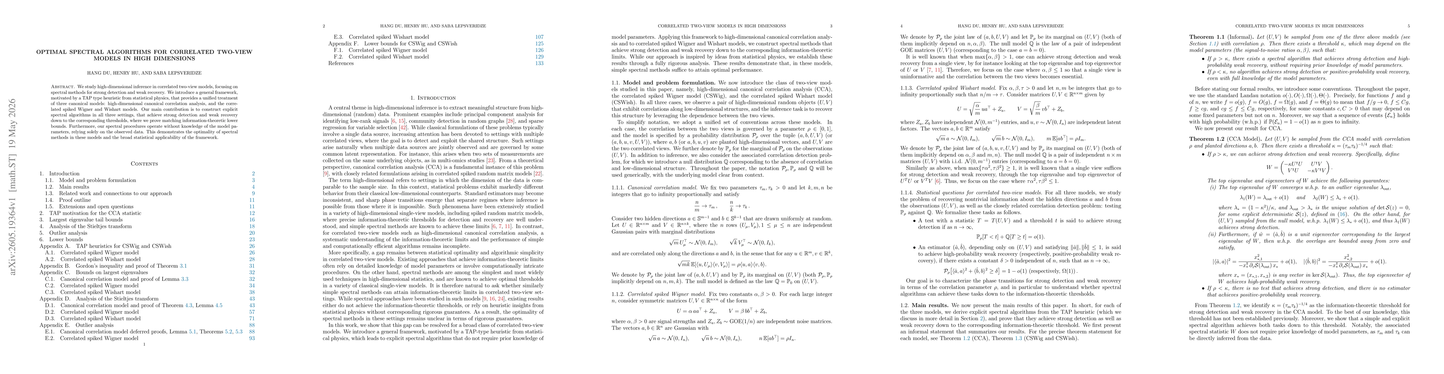 Thumbnail for Optimal Spectral Algorithms for Correlated Two-view Models in High Dimensions