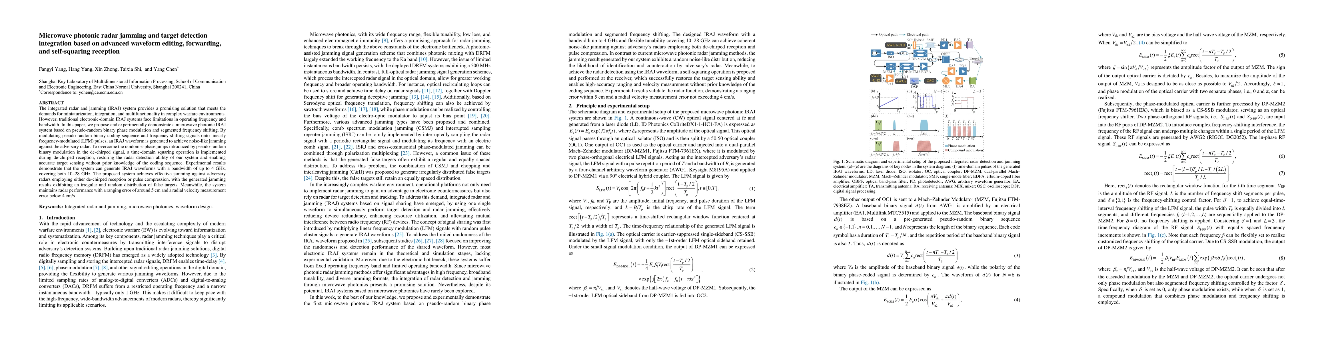 Thumbnail for Microwave photonic radar jamming and target detection integration based on advanced waveform editing, forwarding, and self-squaring reception
