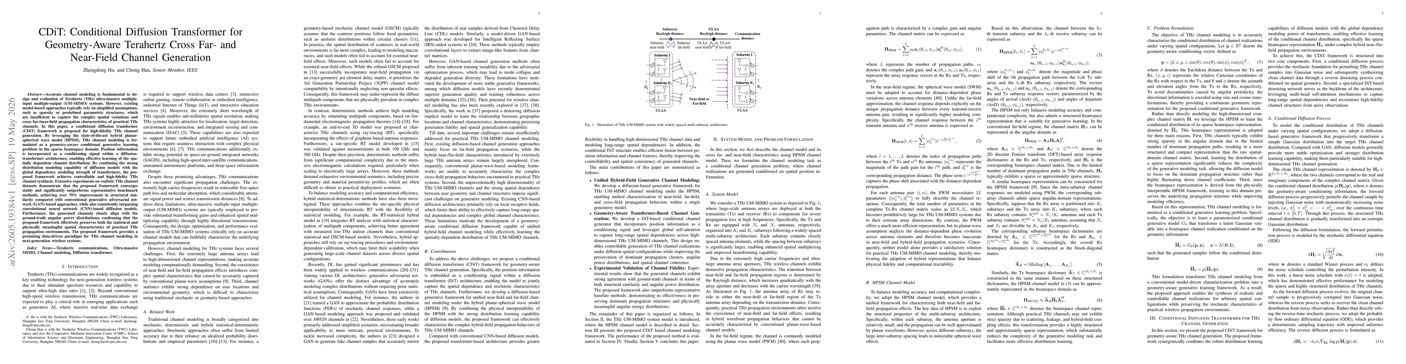 Thumbnail for CDiT: Conditional Diffusion Transformer for Geometry-Aware Terahertz Cross Far- and Near-Field Channel Generation