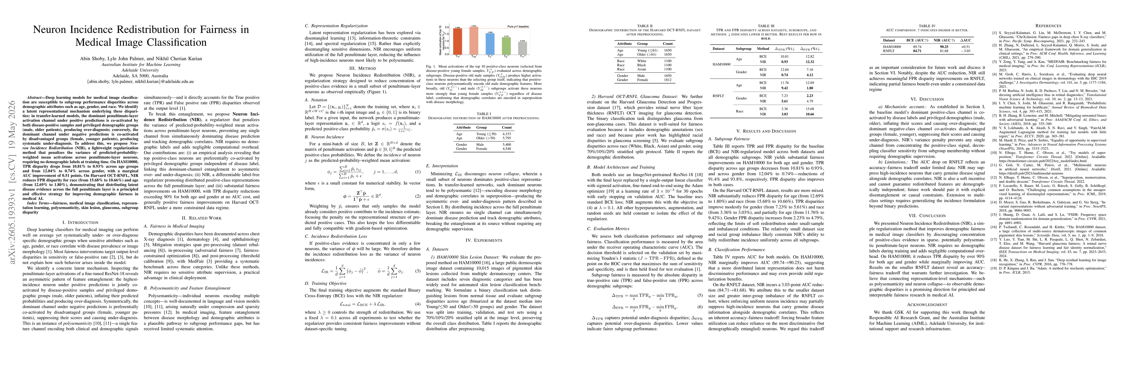 Thumbnail for Neuron Incidence Redistribution for Fairness in Medical Image Classification