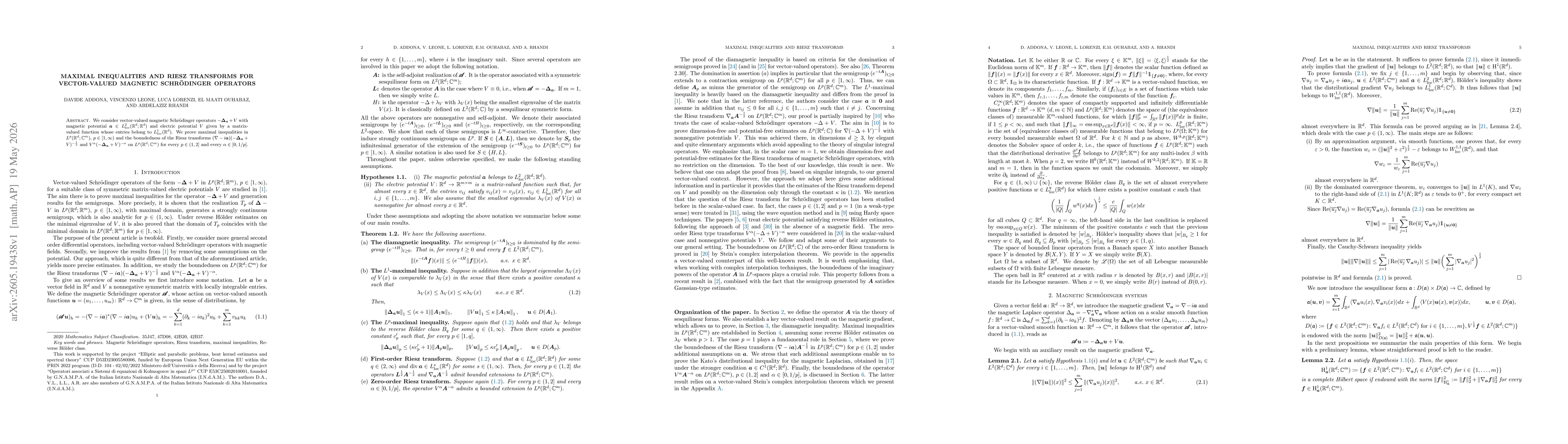 Thumbnail for Maximal inequalities and Riesz transforms for vector-valued magnetic Schrödinger operators