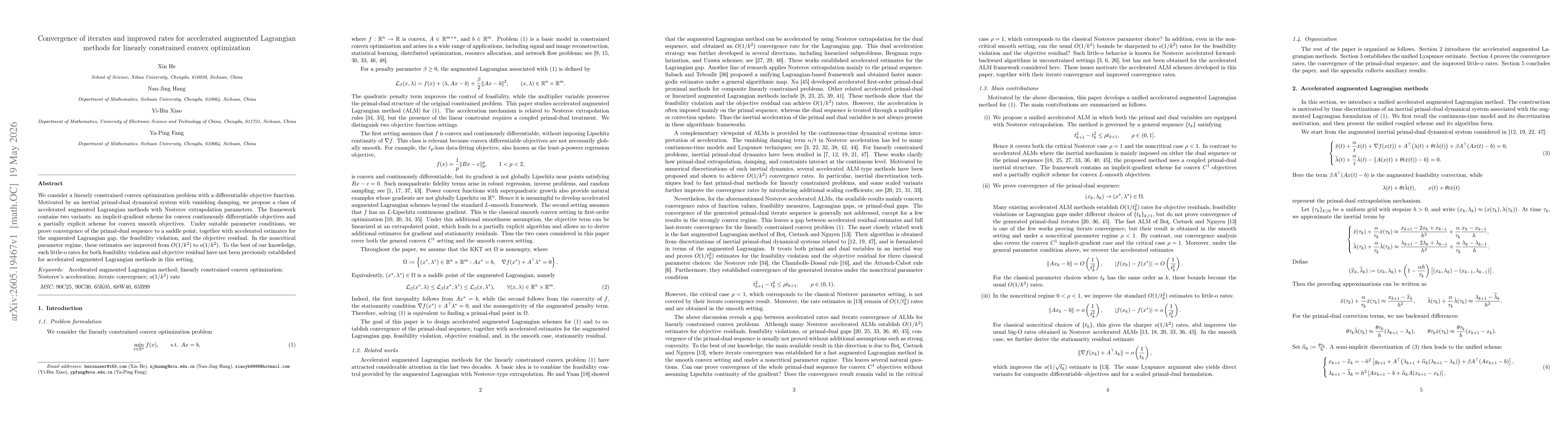 Thumbnail for Convergence of iterates and improved rates for accelerated augmented Lagrangian methods for linearly constrained convex optimization