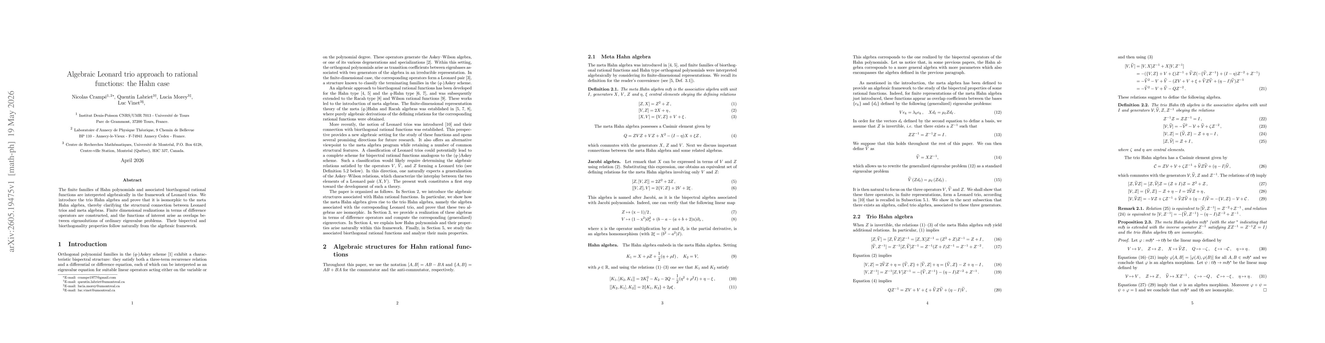 Thumbnail for Algebraic Leonard trio approach to rational functions: the Hahn case