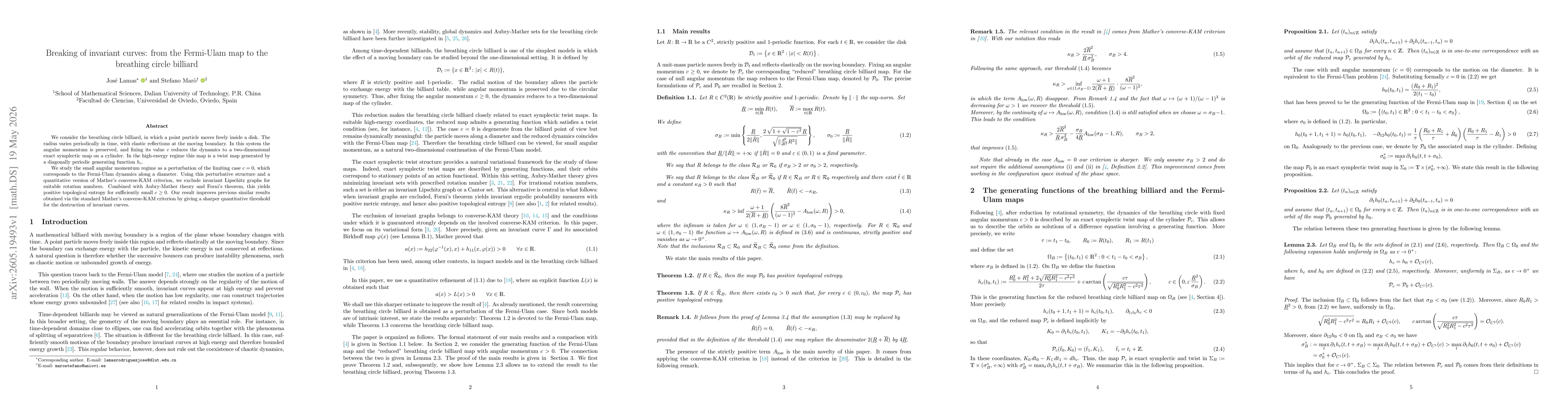 Thumbnail for Breaking of invariant curves: from the Fermi-Ulam map to the breathing circle billiard