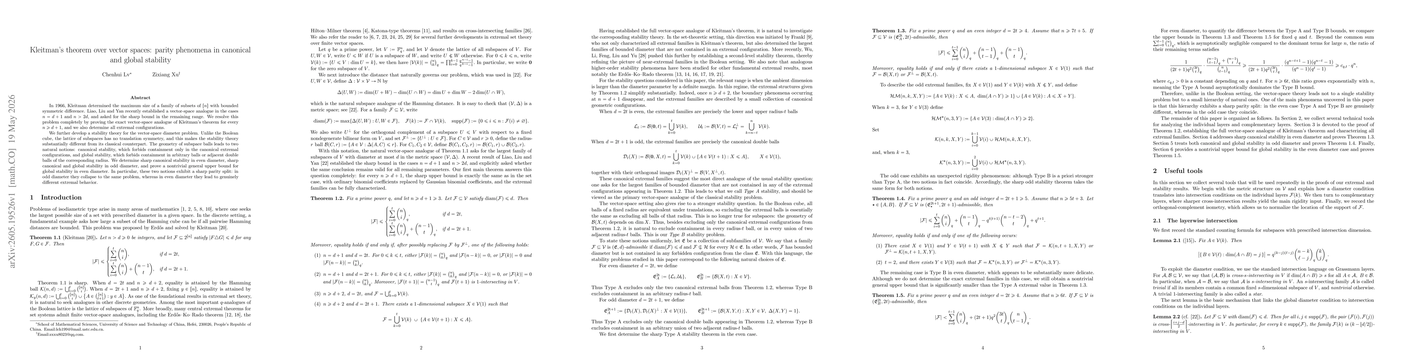 Thumbnail for Kleitman's theorem over vector spaces: parity phenomena in canonical and global stability