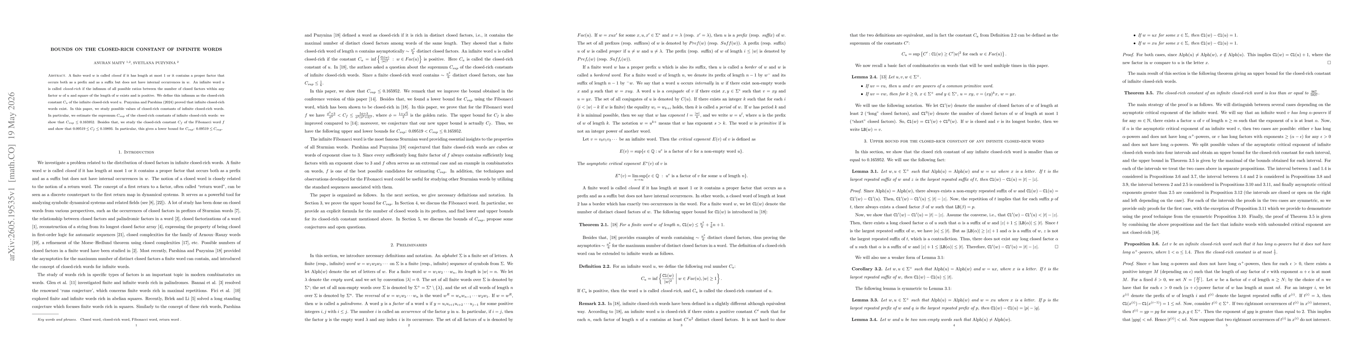 Thumbnail for Bounds on the closed-rich constant of infinite words