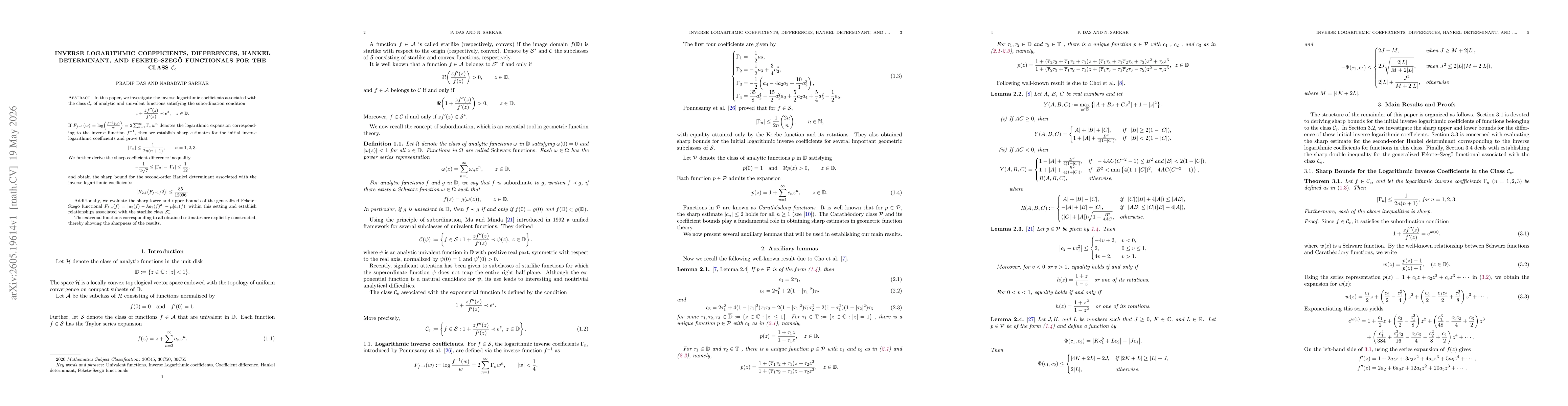 Thumbnail for Inverse Logarithmic Coefficients, Differences, Hankel Determinant, and Fekete--Szegö Functionals for the Class $\mathcal{C}_e$