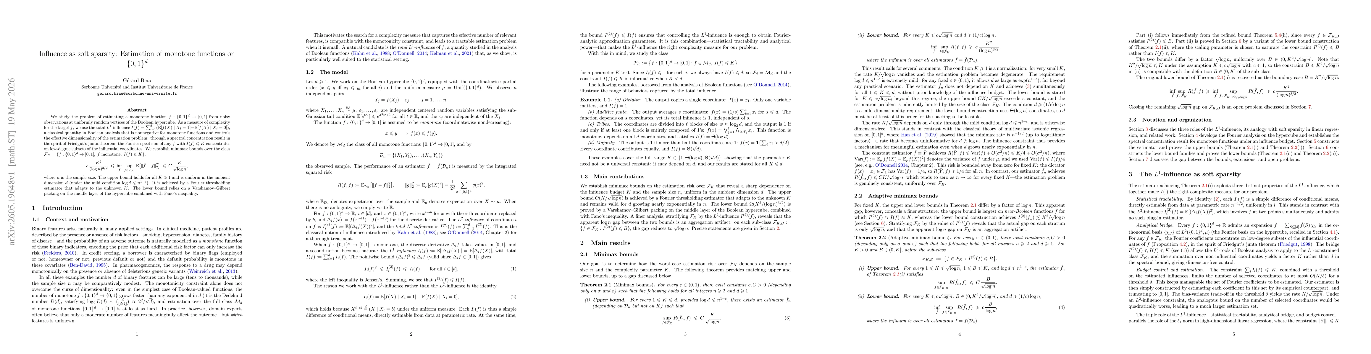 Thumbnail for Influence as soft sparsity: Estimation of monotone functions on $\{0,1\}^d$