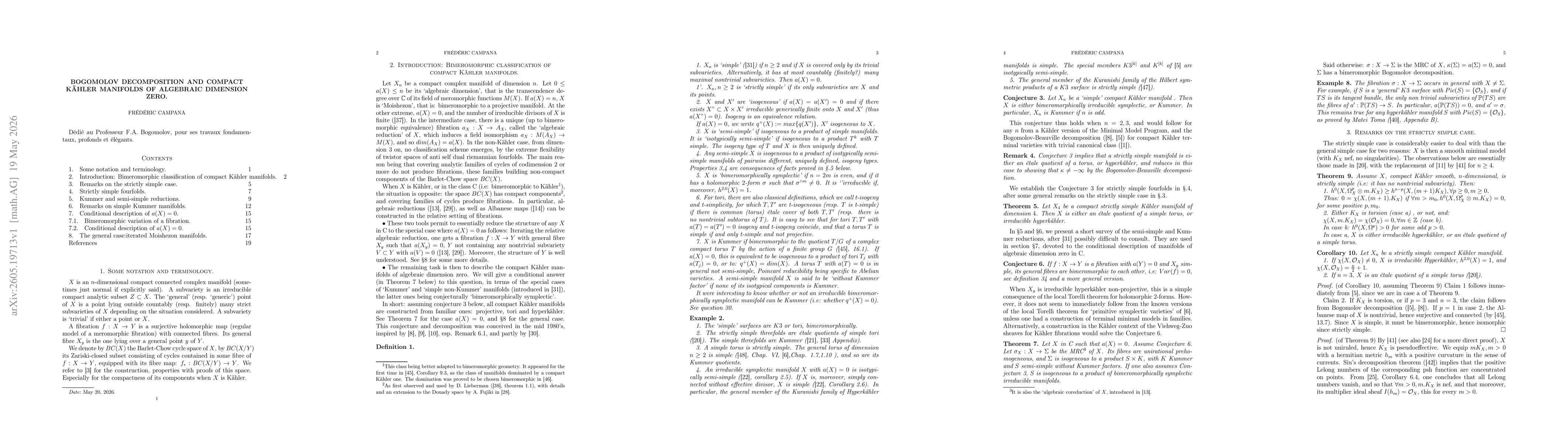 Thumbnail for Bogomolov Decomposition and Compact K{ä}hler Manifolds of Algebraic Dimension Zero