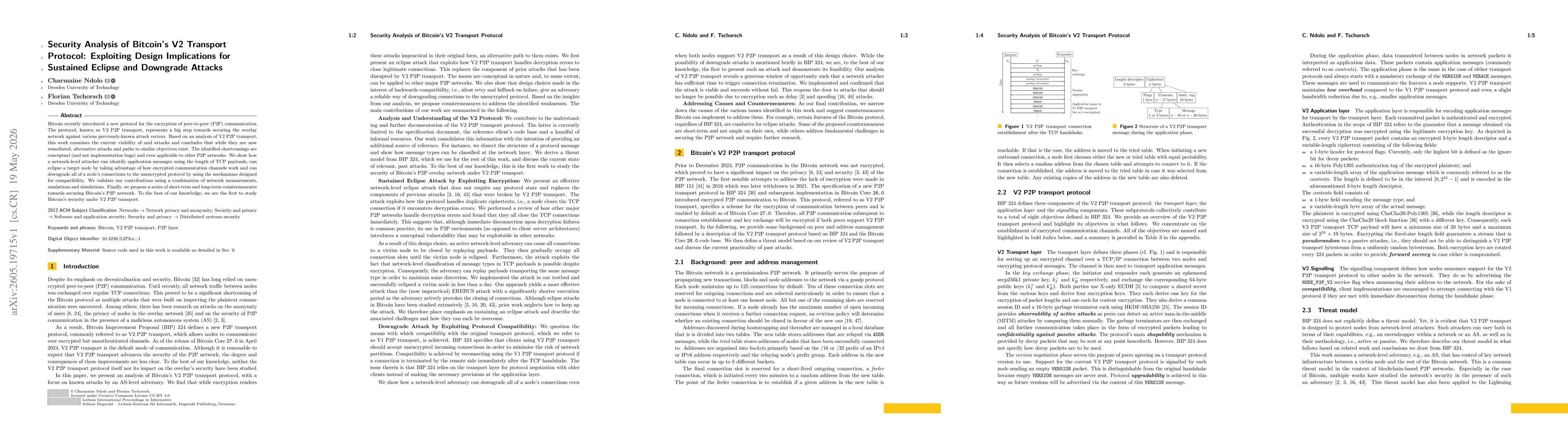 Thumbnail for Security Analysis of Bitcoin's V2 Transport Protocol: Exploiting Design Implications for Sustained Eclipse and Downgrade Attacks