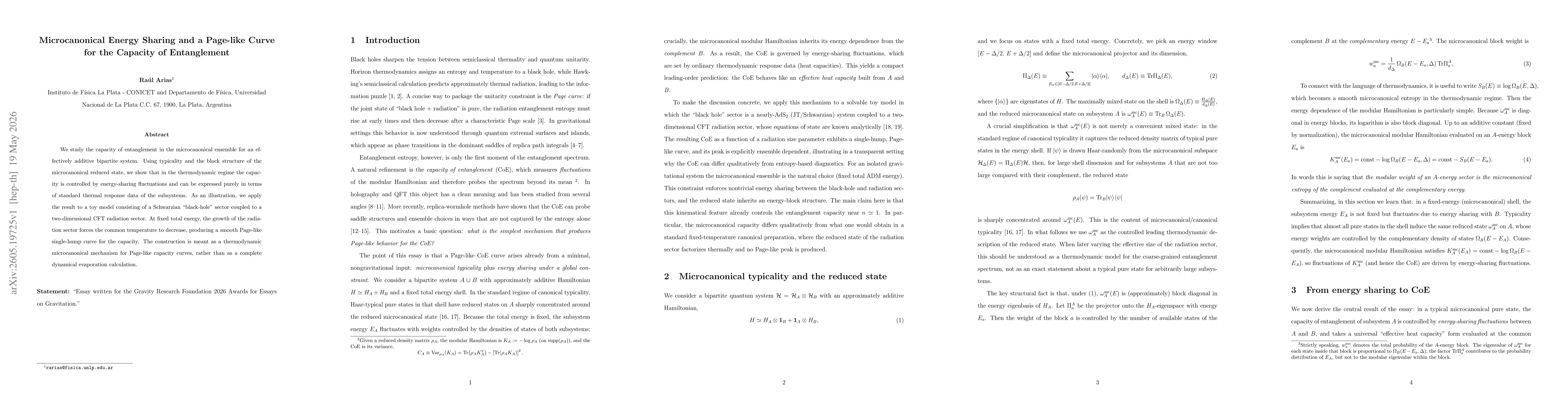 Thumbnail for Microcanonical Energy Sharing and a Page-like Curve for the Capacity of Entanglement