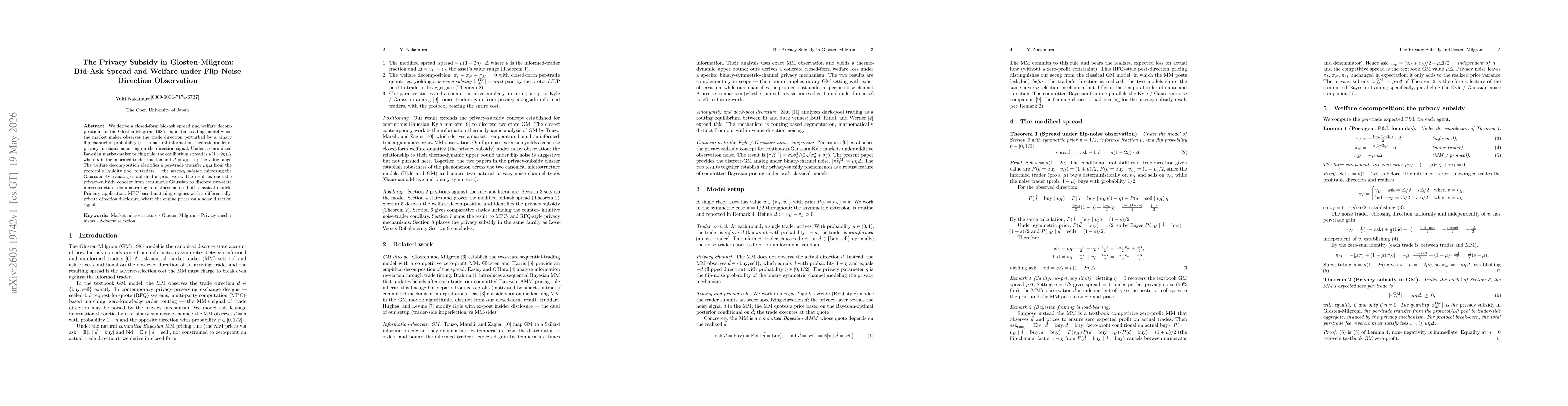 Thumbnail for The Privacy Subsidy in Glosten-Milgrom: Bid-Ask Spread and Welfare under Flip-Noise Direction Observation