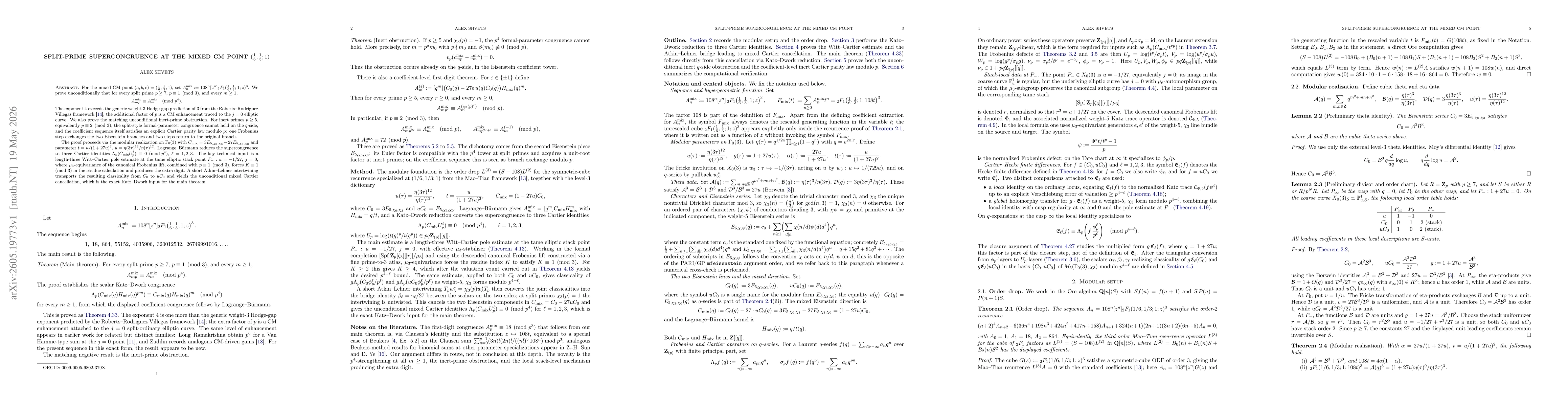 Thumbnail for Split-prime supercongruence at the mixed CM point (1/6, 1/3; 1)