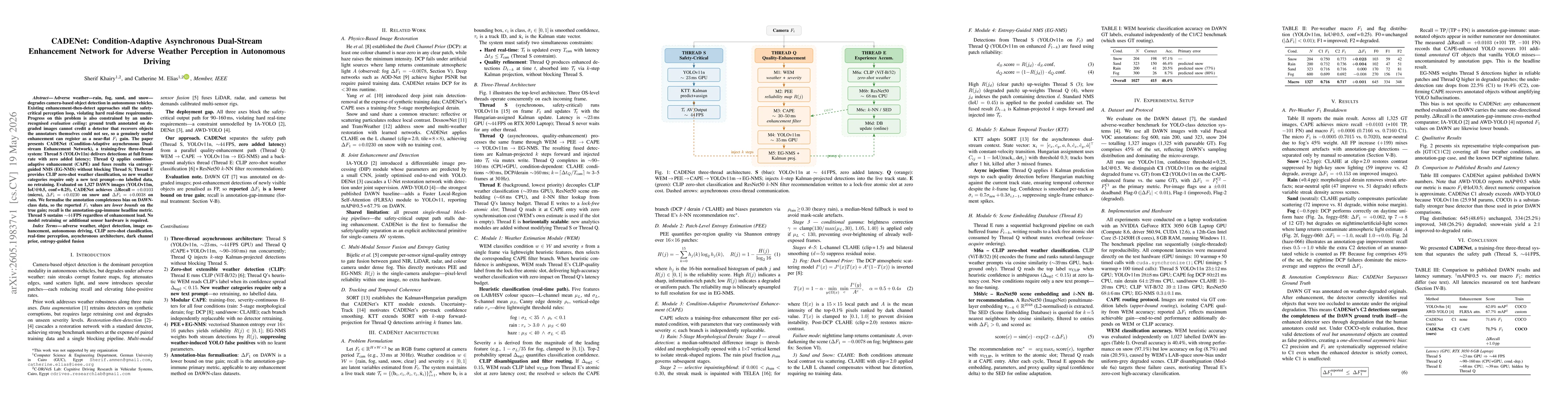 Thumbnail for CADENet: Condition-Adaptive Asynchronous Dual-Stream Enhancement Network for Adverse Weather Perception in Autonomous Driving