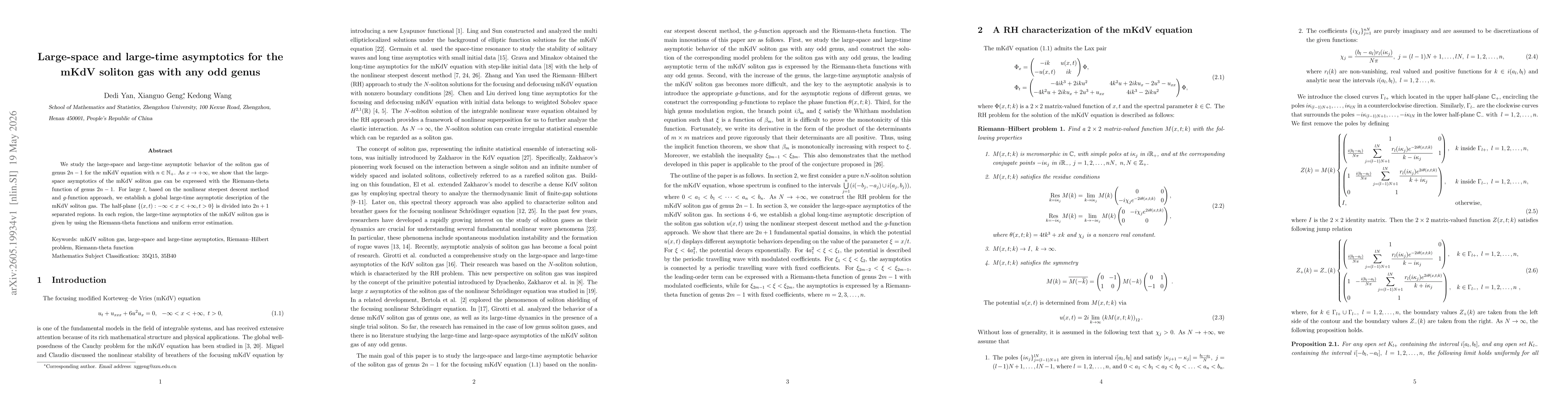 Thumbnail for Large-space and large-time asymptotics for the mKdV soliton gas with any odd genus
