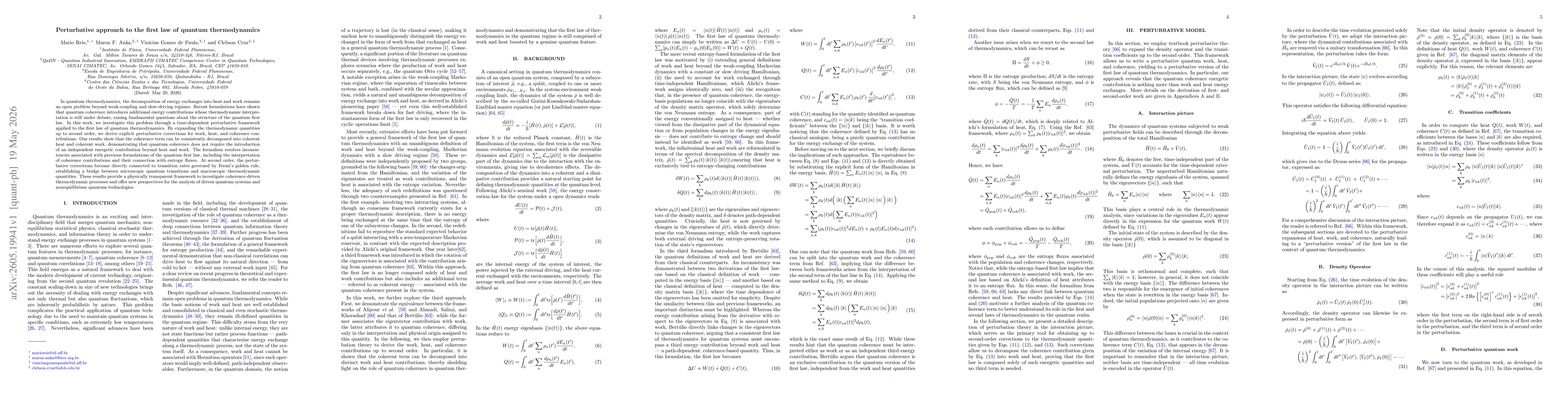 Thumbnail for Perturbative approach to the first law of quantum thermodynamics