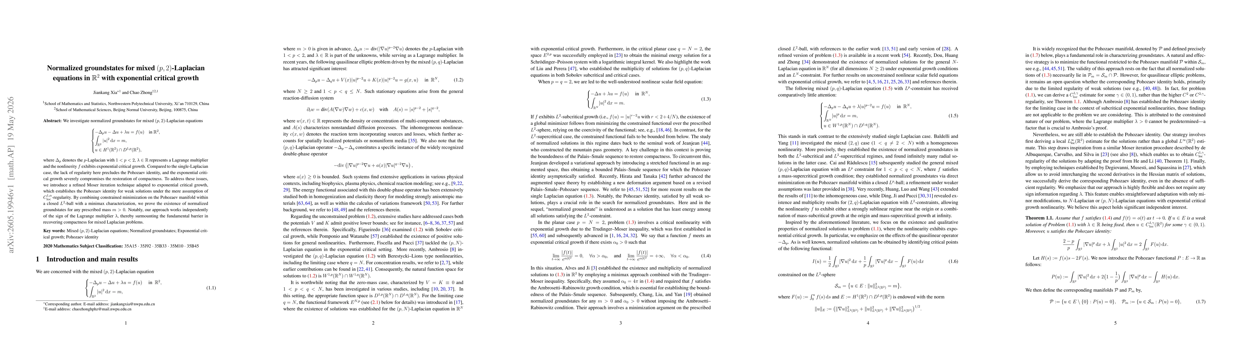Thumbnail for Normalized groundstates for mixed $(p,2)$-Laplacian equations in $\mathbb R^2$ with exponential critical growth