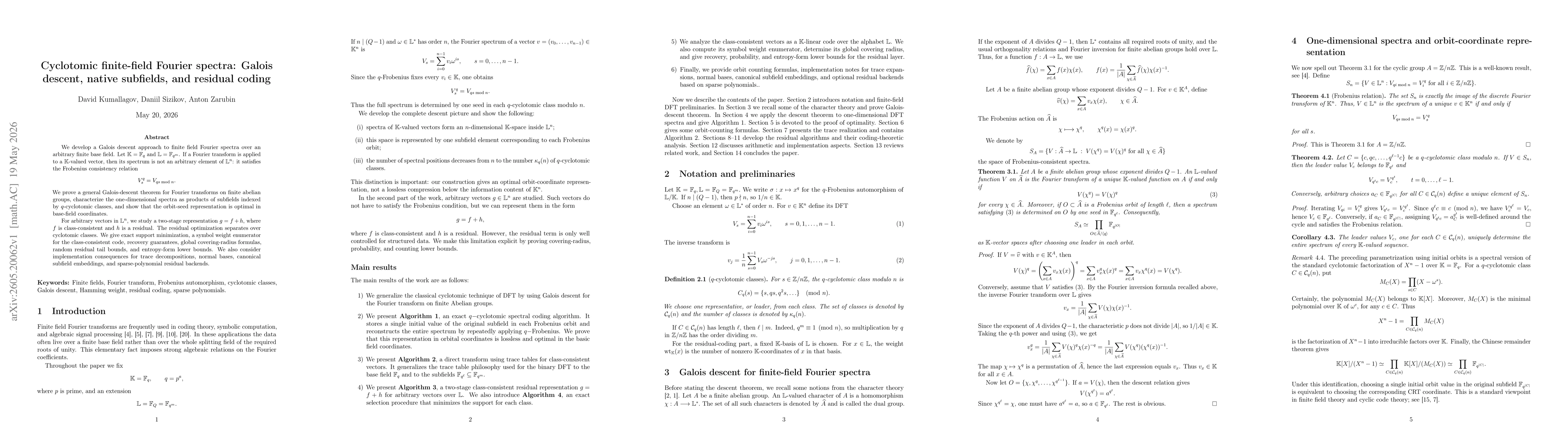 Thumbnail for Cyclotomic finite-field Fourier spectra: Galois descent, native subfields, and residual coding