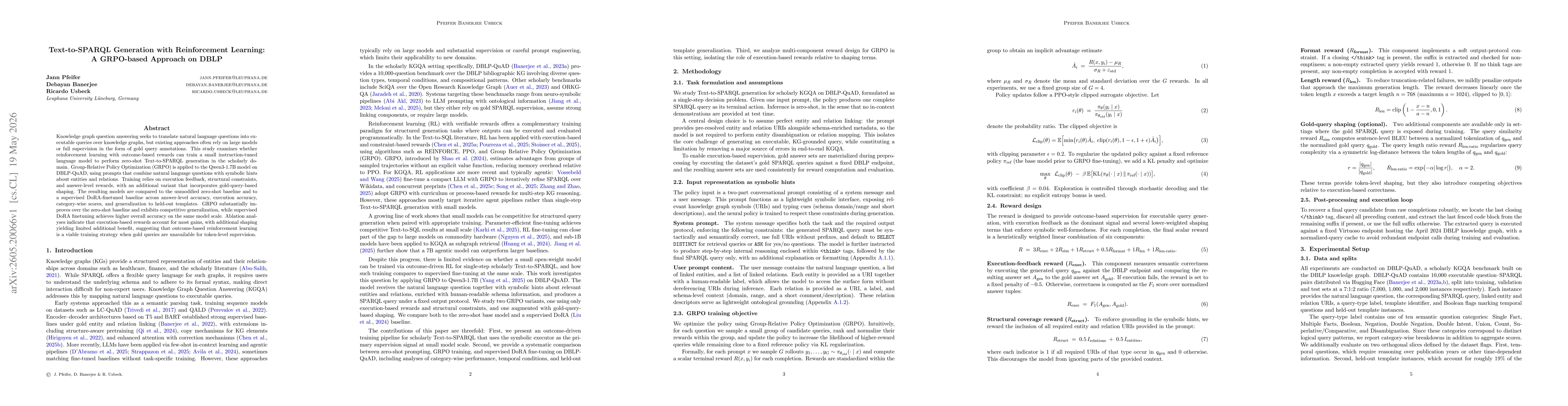 Thumbnail for Text-to-SPARQL Generation with Reinforcement Learning: A GRPO-based Approach on DBLP