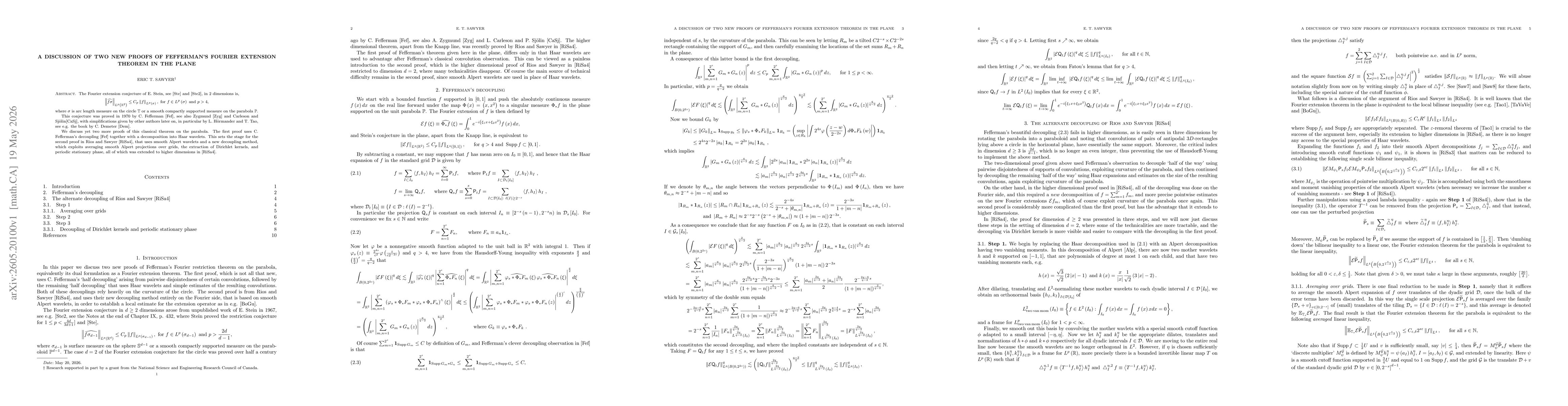 Thumbnail for A discussion of two new proofs of Fefferman's Fourier extension theorem in the plane