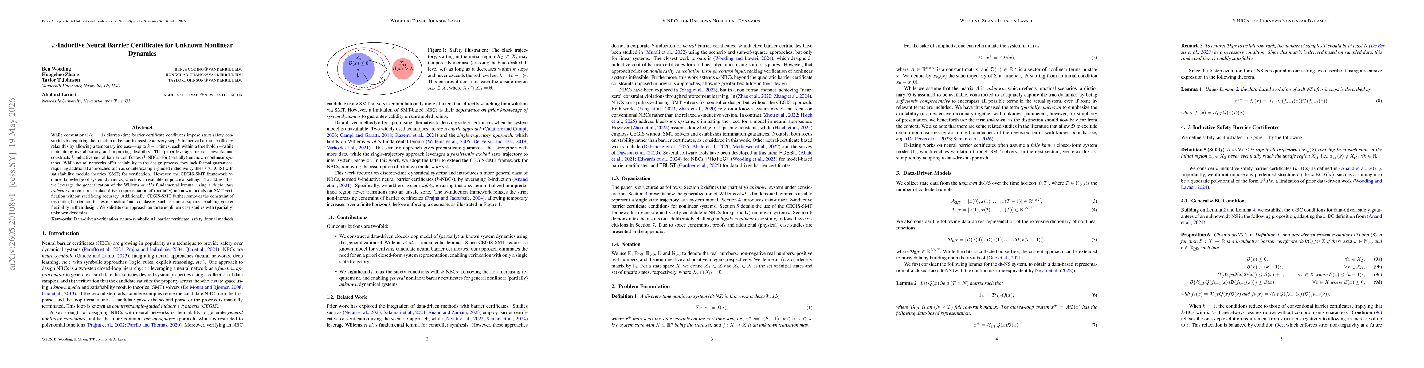 Thumbnail for k-Inductive Neural Barrier Certificates for Unknown Nonlinear Dynamics