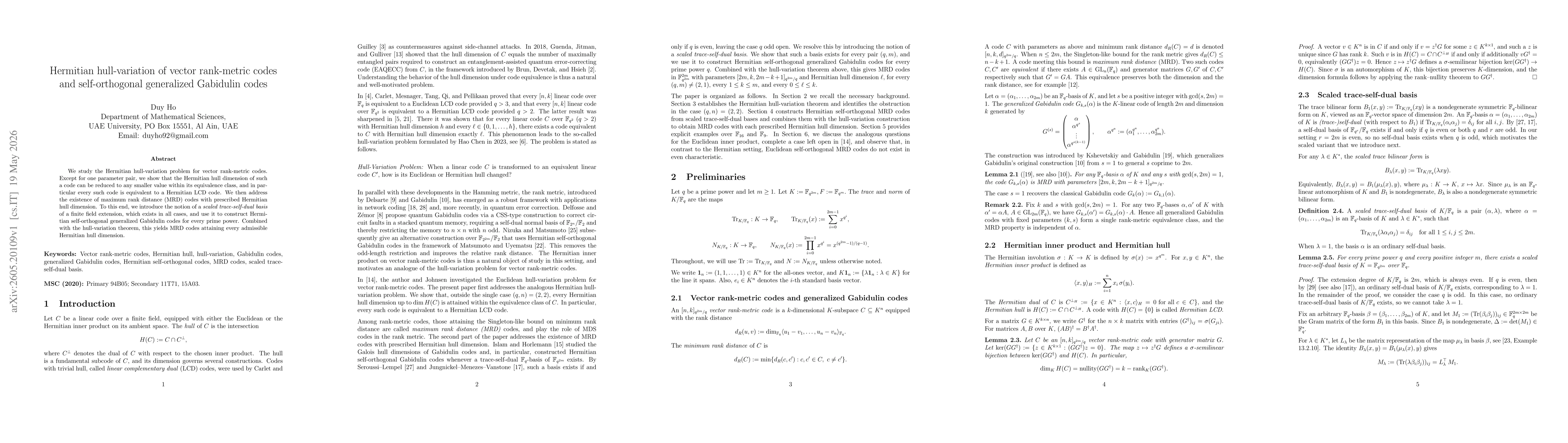 Thumbnail for Hermitian hull-variation of vector rank-metric codes and self-orthogonal generalized Gabidulin codes