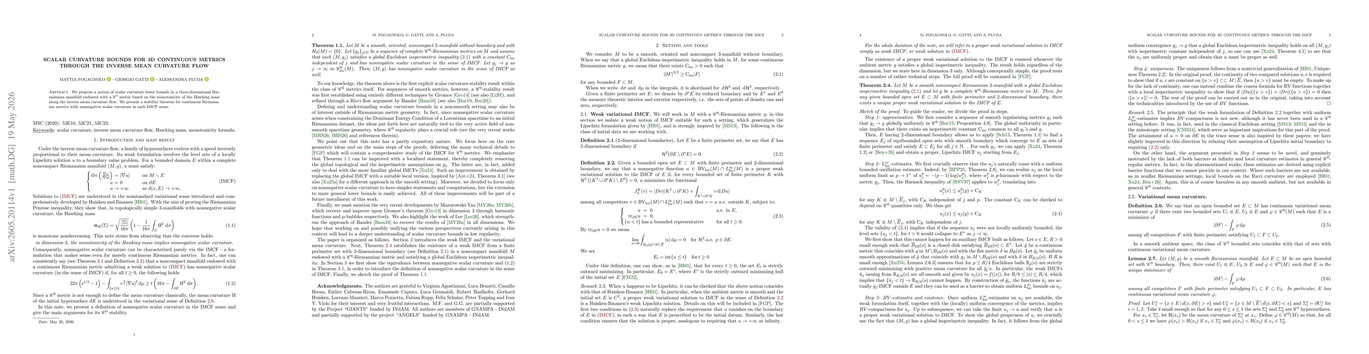 Thumbnail for Scalar curvature bounds for 3D continuous metrics through the Inverse Mean Curvature Flow