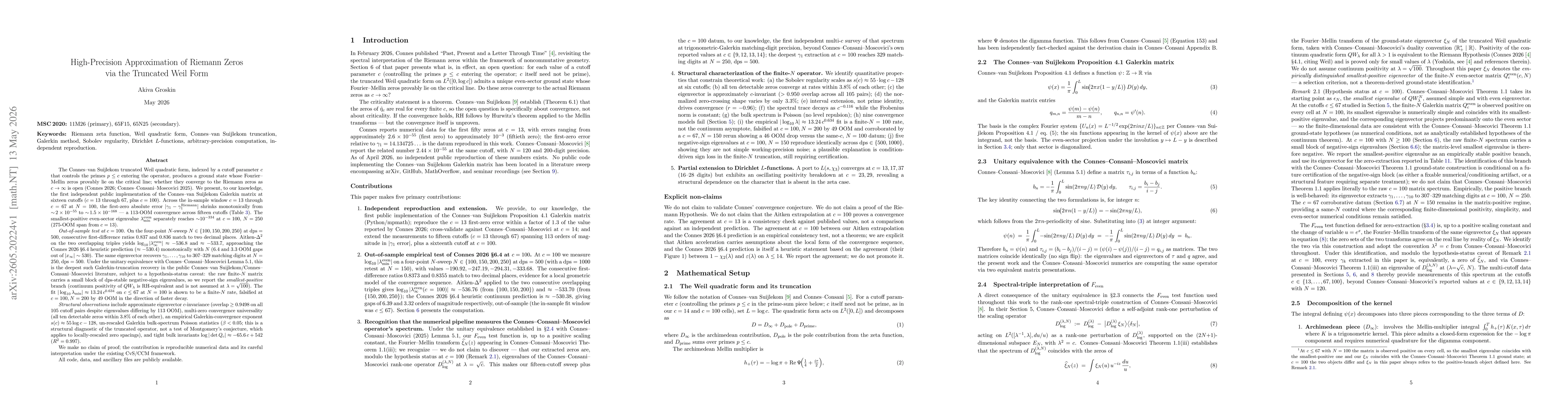Thumbnail for High-Precision Approximation of Riemann Zeros via the Truncated Weil Form