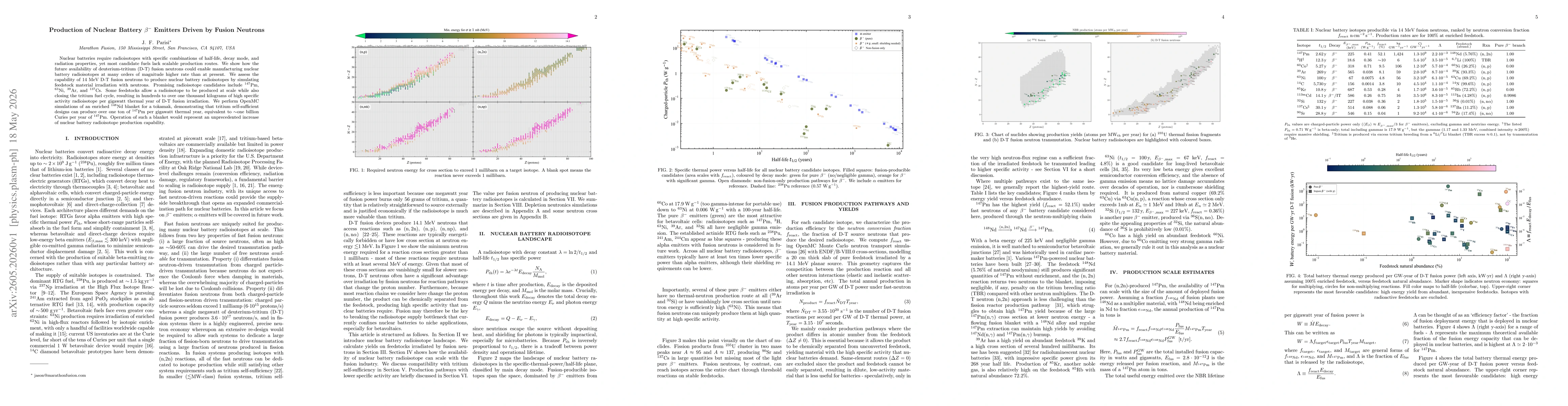 Thumbnail for Production of Nuclear Battery $β^{-}$ Emitters Driven by Fusion Neutrons