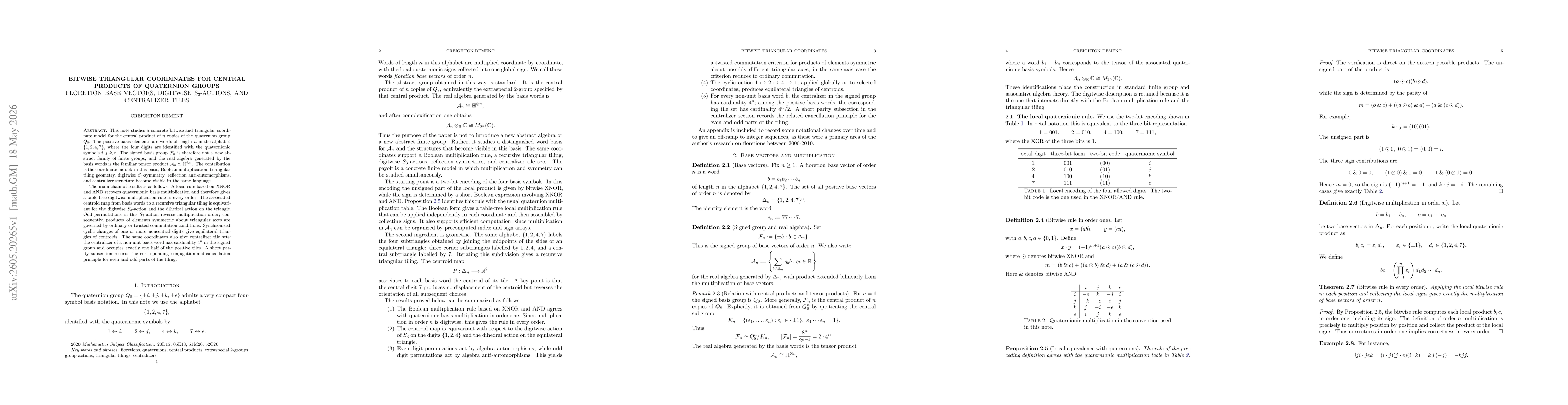 Thumbnail for Bitwise Triangular Coordinates for Central Products of Quaternion Groups: Floretion Base Vectors, Digitwise S3-Actions, and Centralizer Tiles
