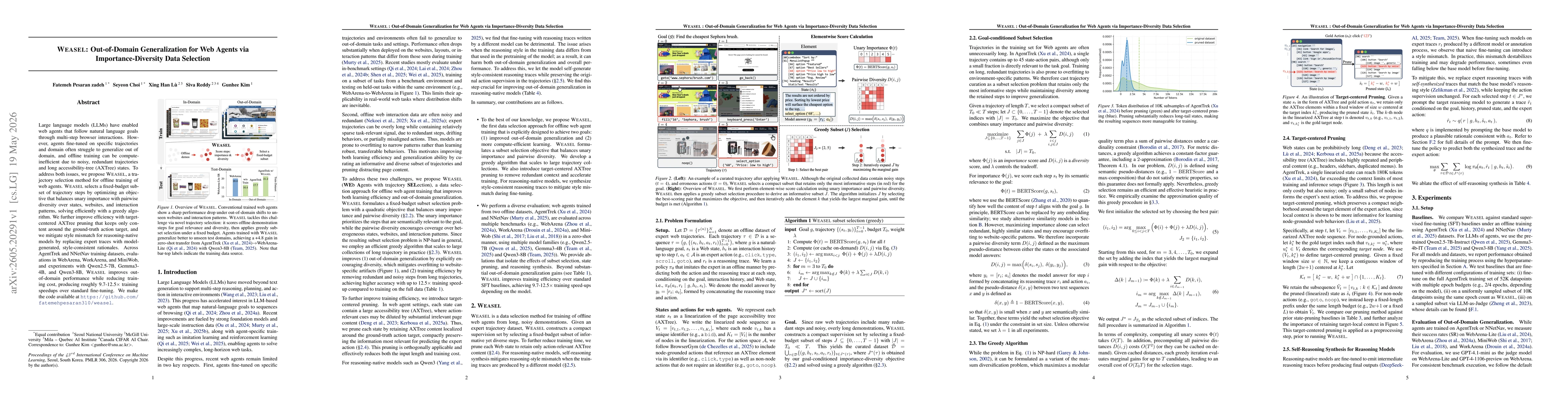 Thumbnail for Weasel: Out-of-Domain Generalization for Web Agents via Importance-Diversity Data Selection