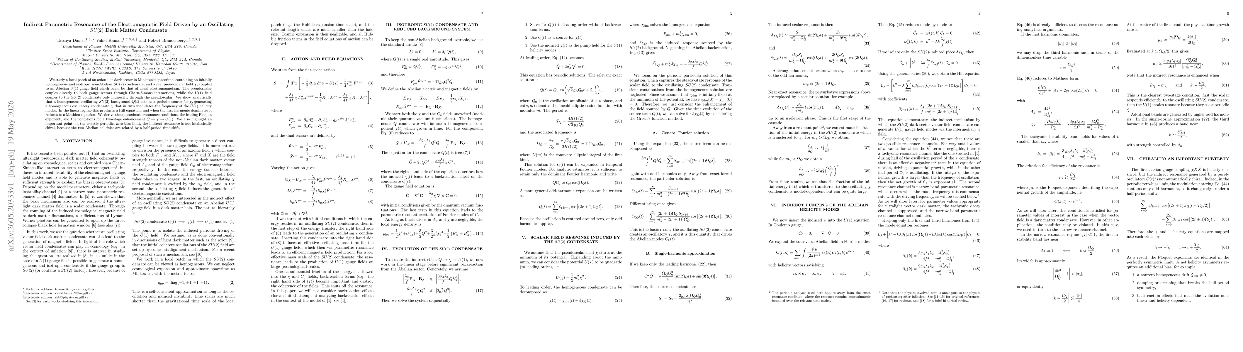 Thumbnail for Indirect Parametric Resonance of the Electromagnetic Field Driven by an Oscillating SU(2) Dark Matter Condensate