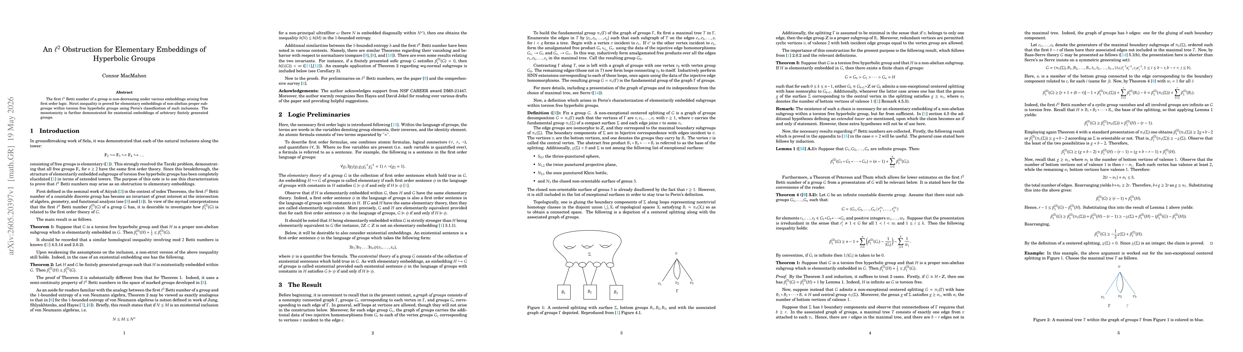 Thumbnail for An $\ell^2$ Obstruction for Elementary Embeddings of Hyperbolic Groups