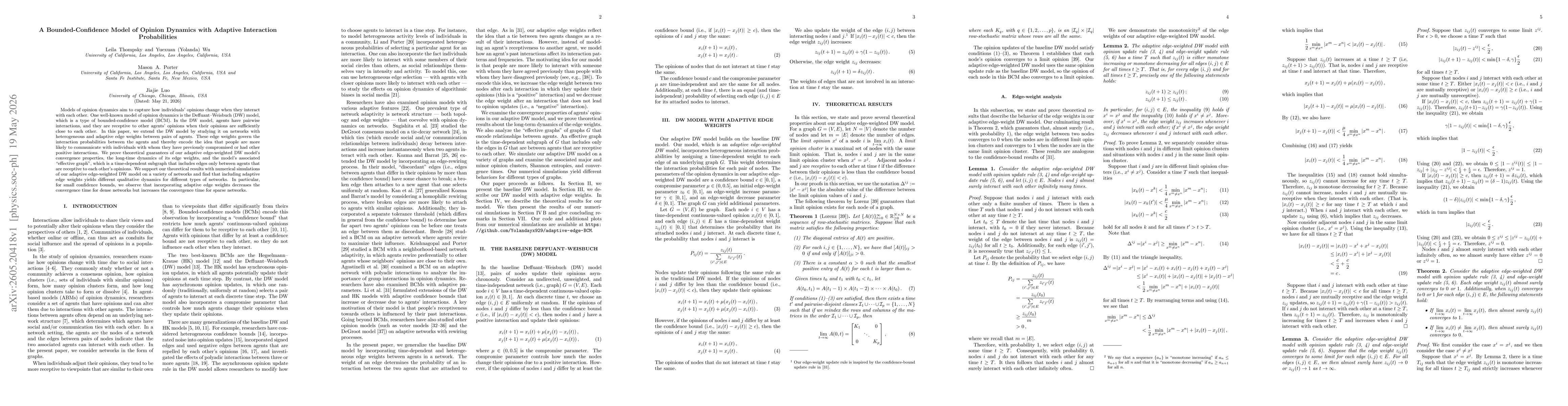 Thumbnail for A Bounded-Confidence Model of Opinion Dynamics with Adaptive Interaction Probabilities