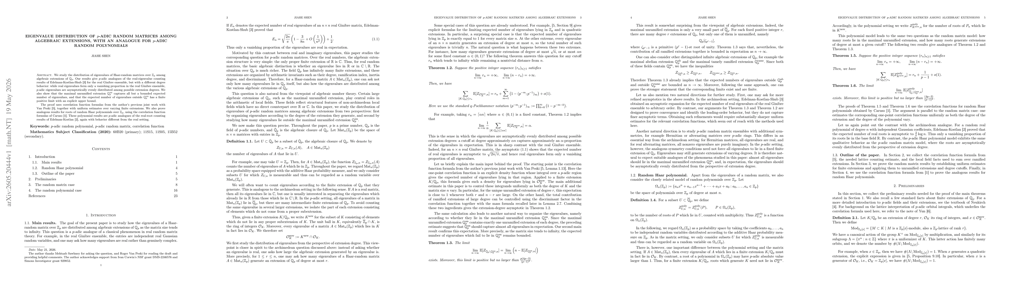 Thumbnail for Eigenvalue Distribution of $p$-adic Random Matrices Among Algebraic Extensions, with an Analogue for $p$-adic Random Polynomials