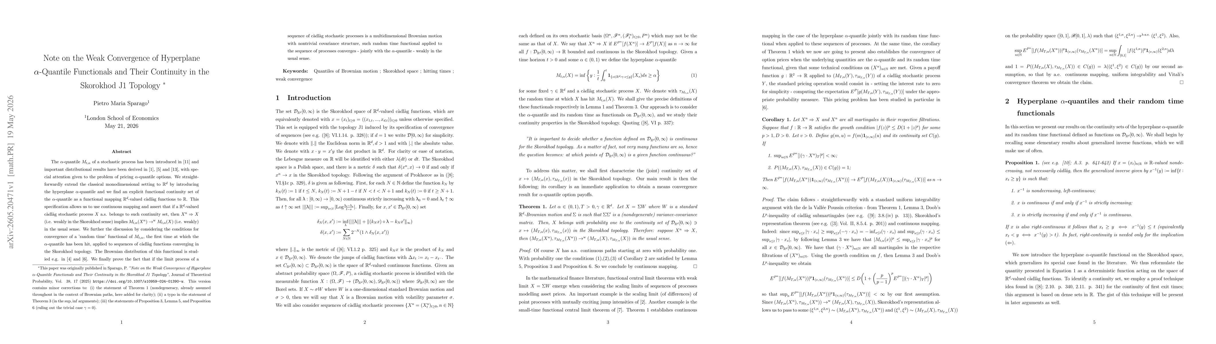 Thumbnail for Note on the Weak Convergence of Hyperplane $α$-Quantile Functionals and Their Continuity in the Skorokhod J1 Topology
