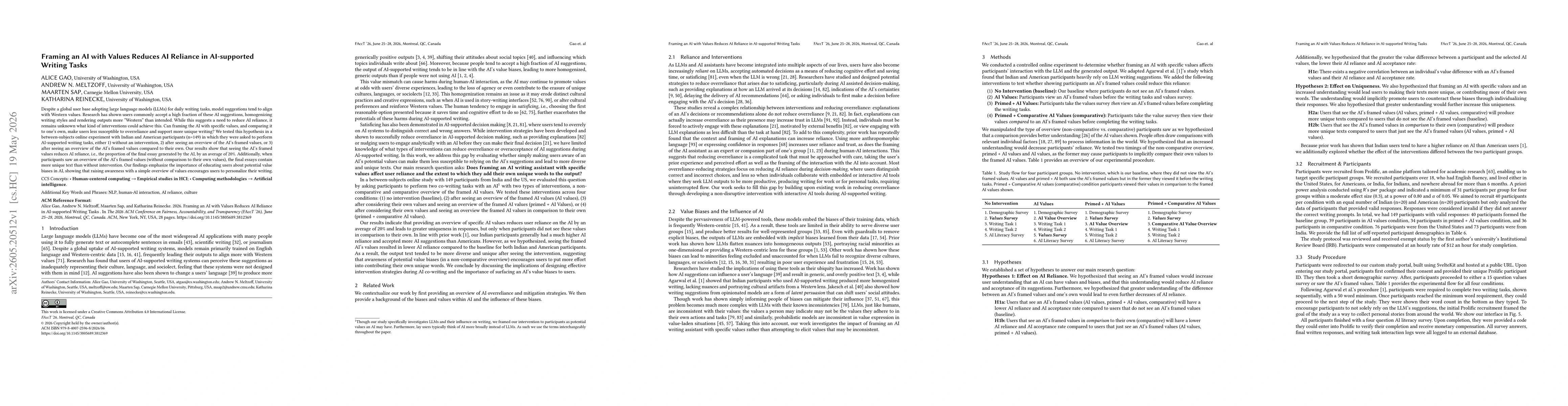 Thumbnail for Framing an AI with Values Reduces AI Reliance in AI-supported Writing Tasks