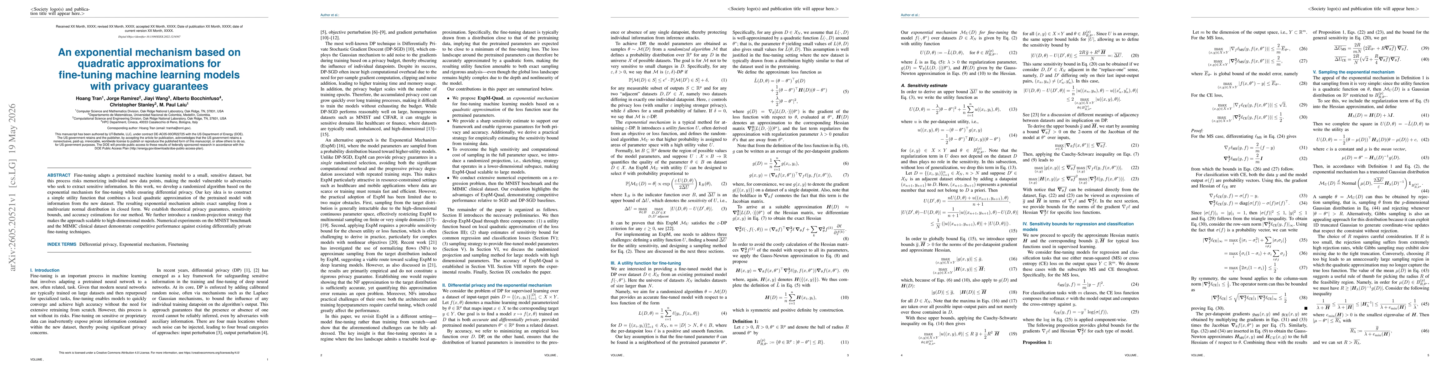 Thumbnail for An exponential mechanism based on quadratic approximations for fine-tuning machine learning models with privacy guarantees