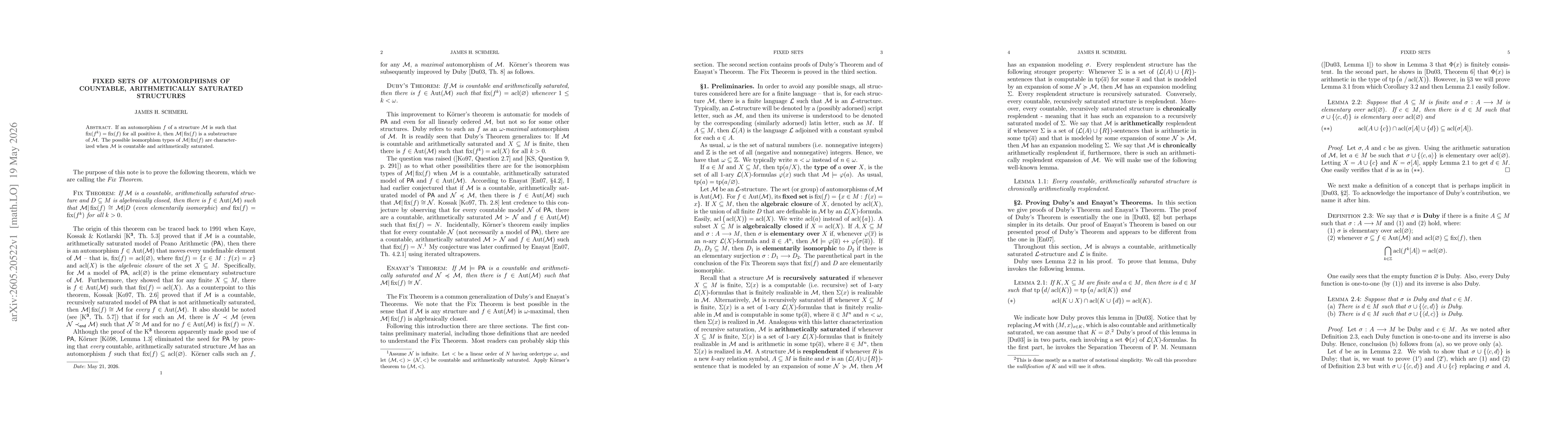 Thumbnail for Fixed Sets of Automorphisms of Countable, Arithmetically Saturated Structures